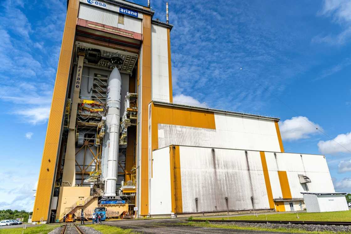 An Ariane 5 rocket ready for the launcher's final blast-off at Europe's spaceport in Kourou, French Guiana