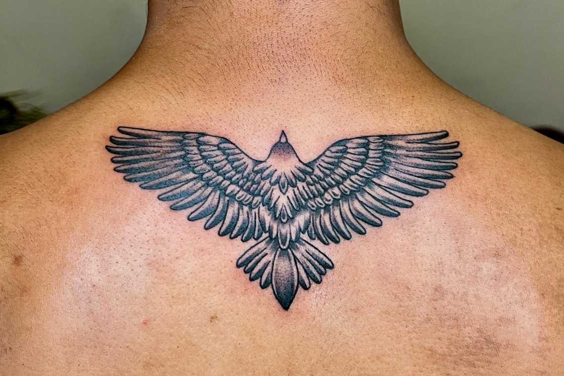 A man has an eagle tattoo on his upper back A man has an eagle tattoo on his upper back