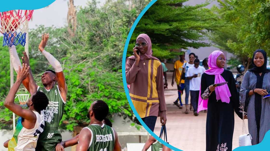 The UDS basketball team on the field and students in hijabs walking to class The UDS basketball team on the field and students in hijabs walking to class