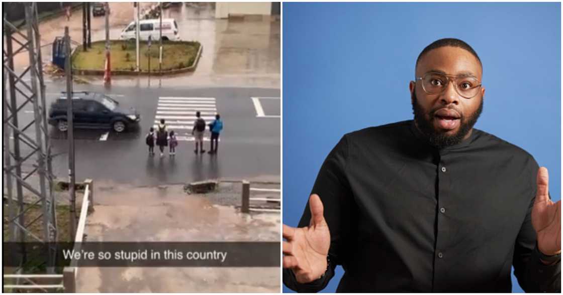 Kids stranded at zebra crossing, confused man Kids stranded at zebra crossing, confused man
