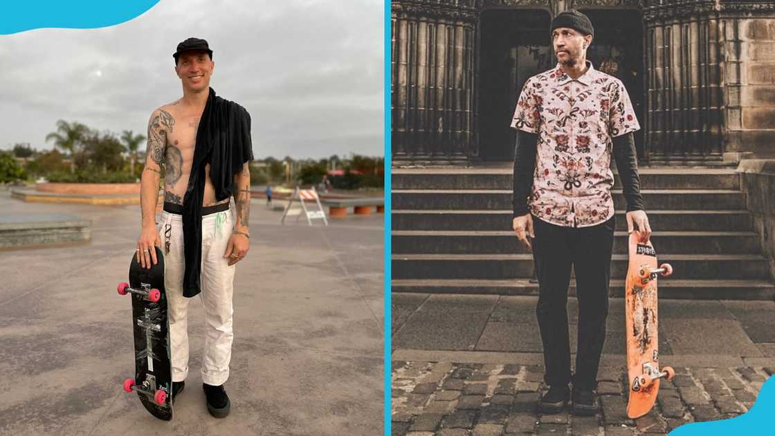 Jamie Thomas stands shirtless, holding a skateboard (L). He is standing outside a building (R)