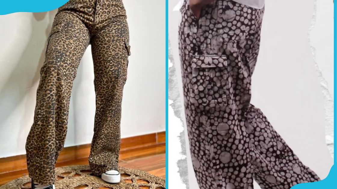 A woman (L) and a man (R) wearing printed cargo pants A woman (L) and a man (R) wearing printed cargo pants