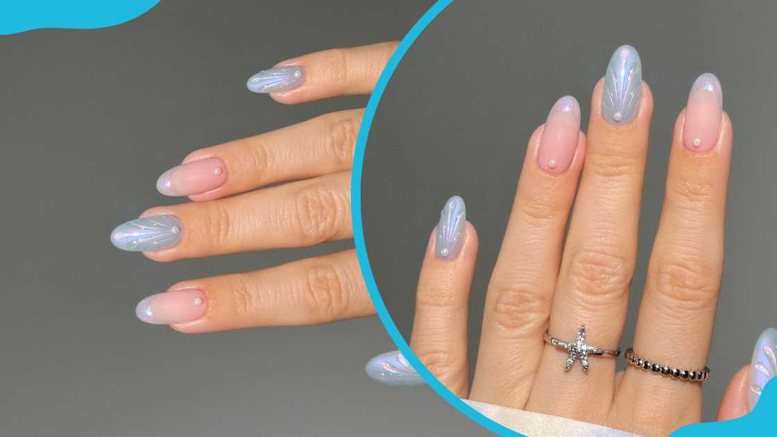 Baby blue seashells beach nails Baby blue seashells beach nails
