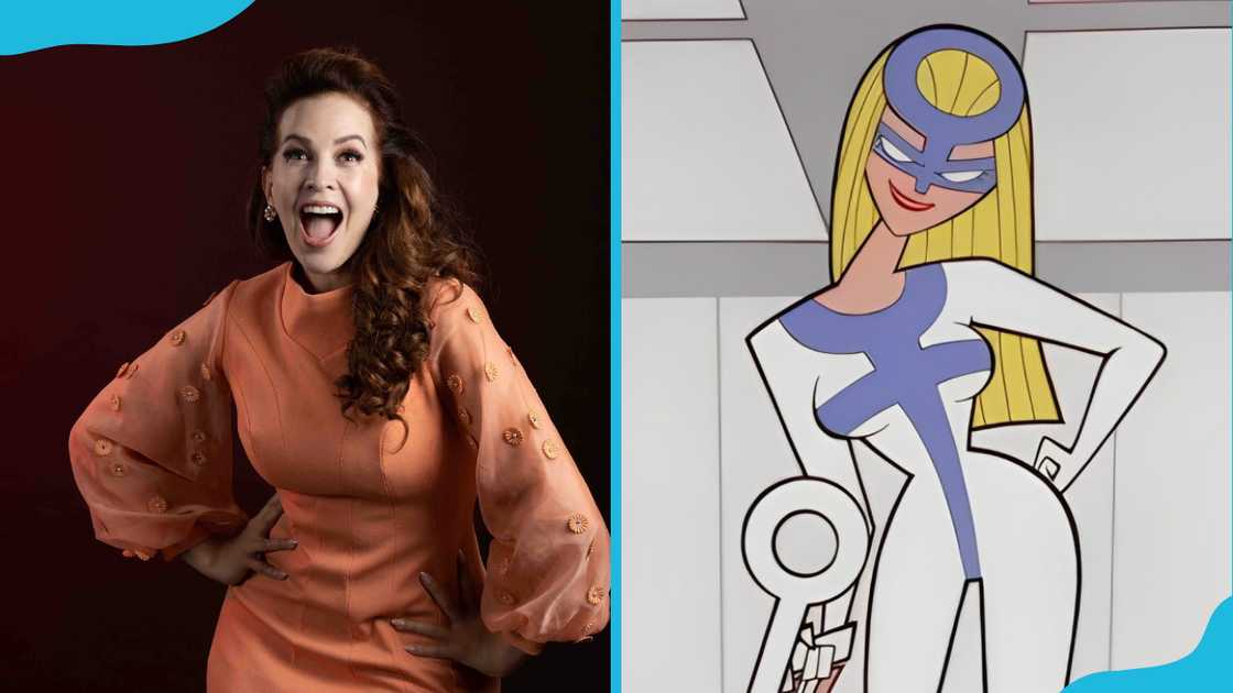 Grey DeLisle poses in an orange dress alongside her voice character, Femme Fatale. Grey DeLisle poses in an orange dress alongside her voice character, Femme Fatale.