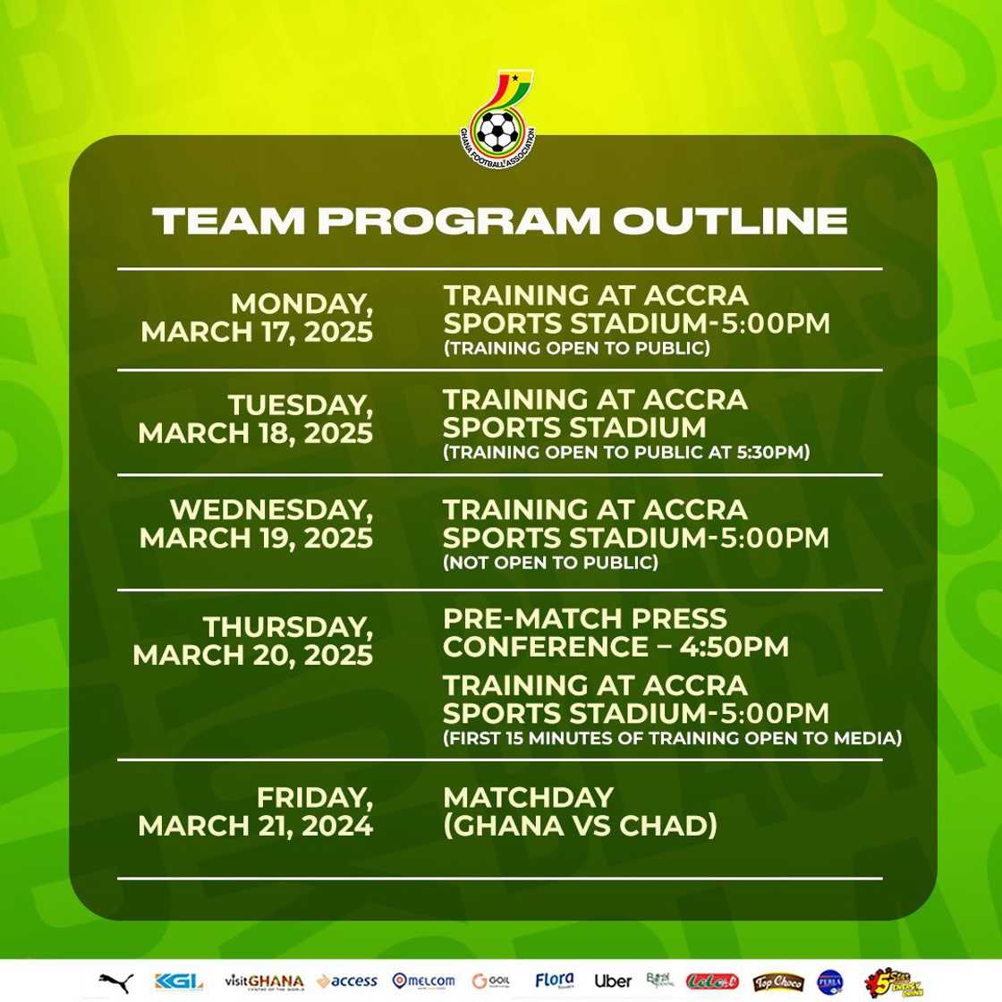 Black Stars of Ghana full schedule ahead of the Ghana vs Chad 2026 FIFA World Cup qualifier on March 21 at Accra Sports Stadium Black Stars of Ghana full schedule ahead of the Ghana vs Chad 2026 FIFA World Cup qualifier on March 21 at Accra Sports Stadium