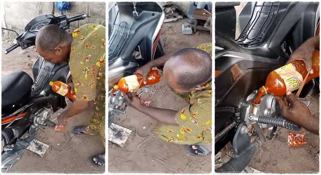 Man pours palm oil into motorcycle as lubricant. Man pours palm oil into motorcycle as lubricant.