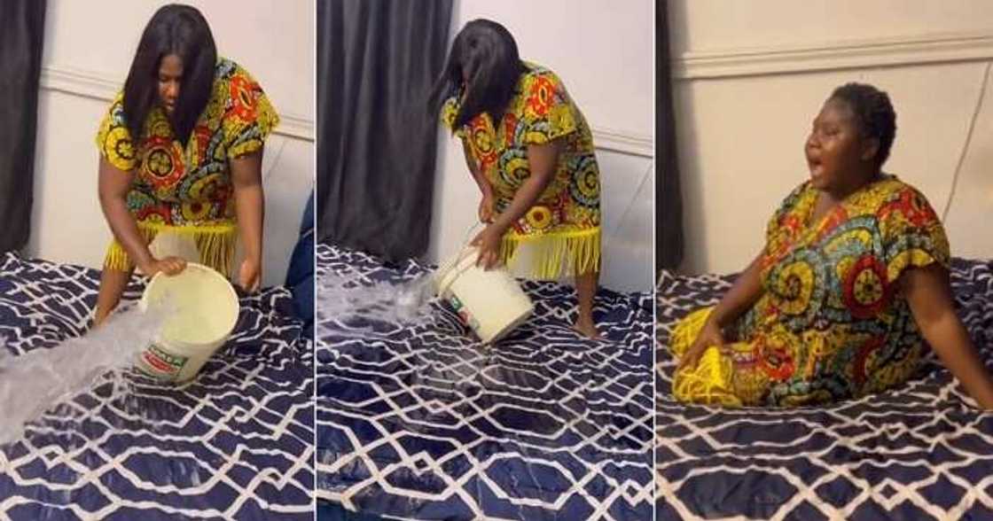 Wife empties bucket of water on matrimonial bed over wig