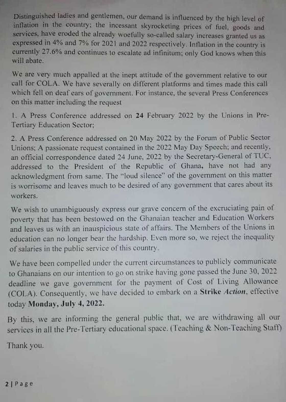 Teachers' statement on nationwide strike over COLA. Source: UGC