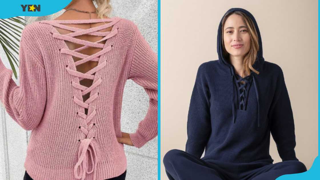 Two women wearing lace-up sweaters Two women wearing lace-up sweaters