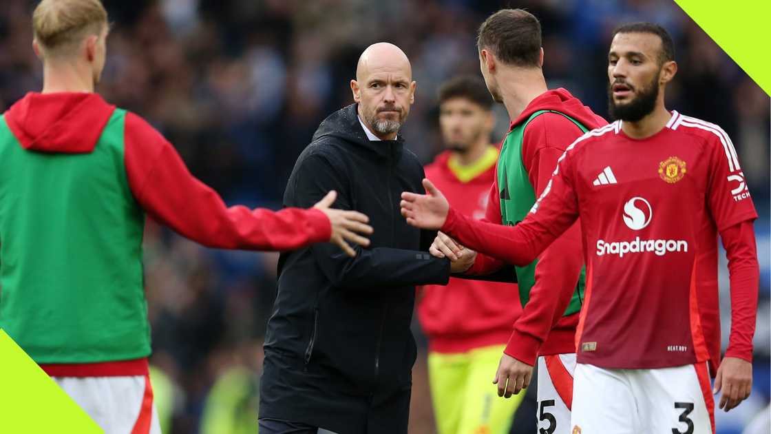 Erik ten Hag with Manchester United players after their loss to Brighton. Erik ten Hag with Manchester United players after their loss to Brighton.