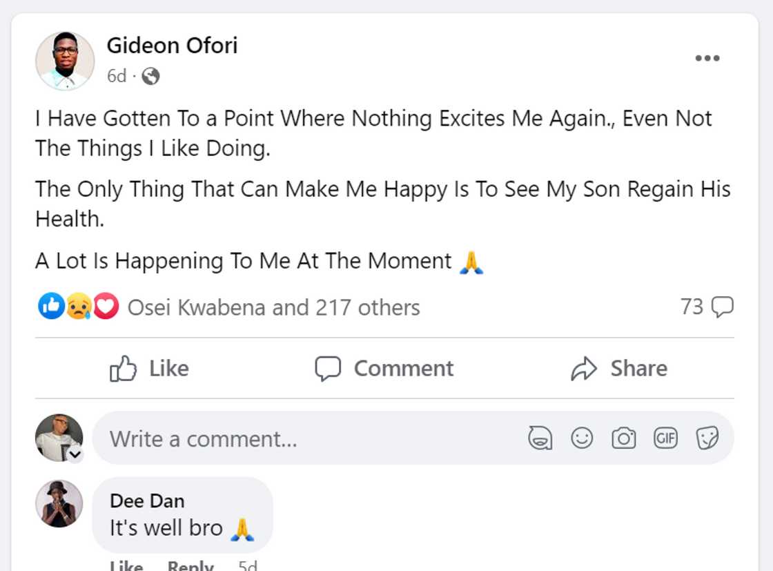 Screenshot as GH blogger expresses distress over his child's ill health.