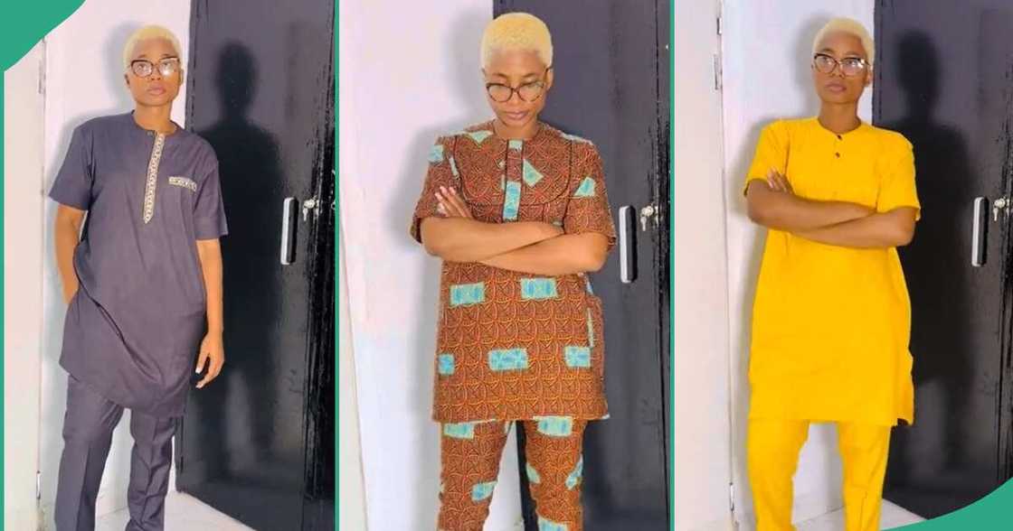 Lady wears her late husband's clothes. Lady wears her late husband's clothes.