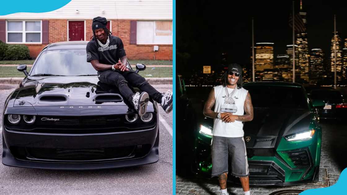 Duke Dennis on a car and besides a green car Duke Dennis on a car and besides a green car