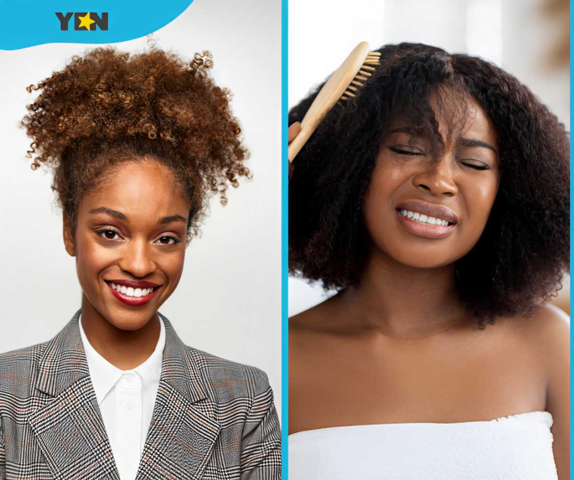 A young woman with curly hair (L) and another trying to brush her tangled hair (R)