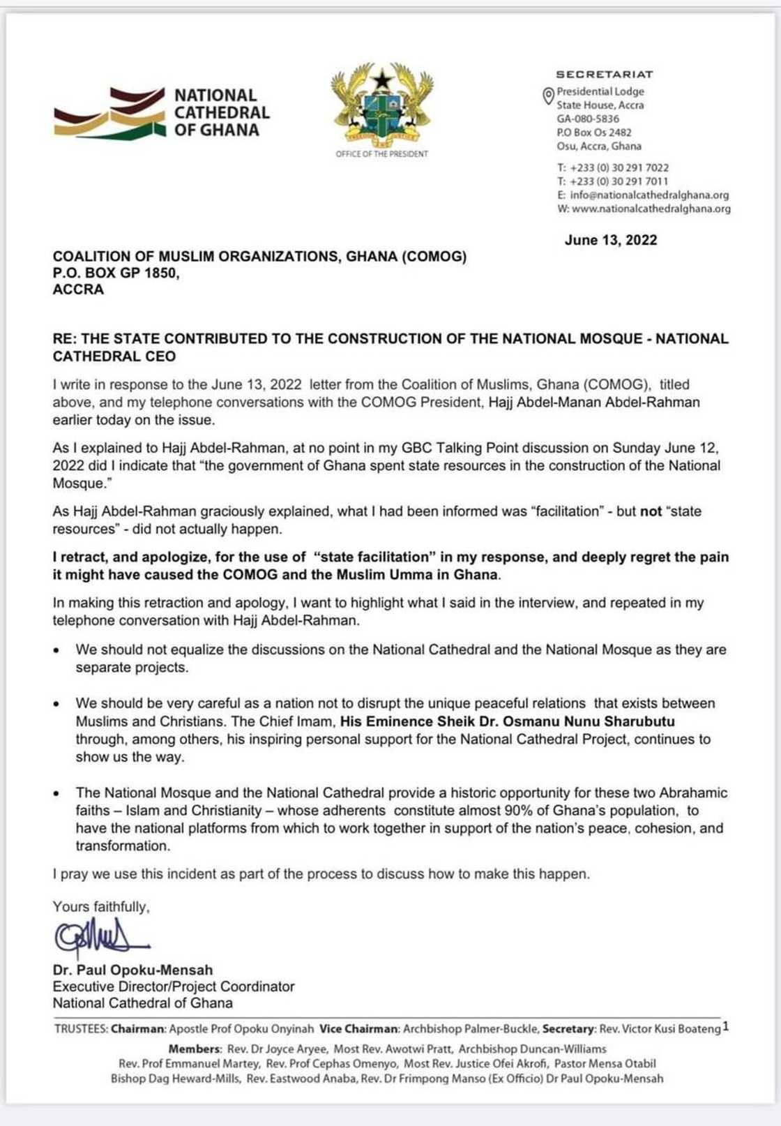 National Cathedral CEO apologises to Muslim Community in Ghana National Cathedral CEO apologises to Muslim Community in Ghana