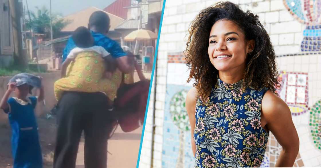 Dad carries son behind him after he picks up boy and sister from school. Dad carries son behind him after he picks up boy and sister from school.
