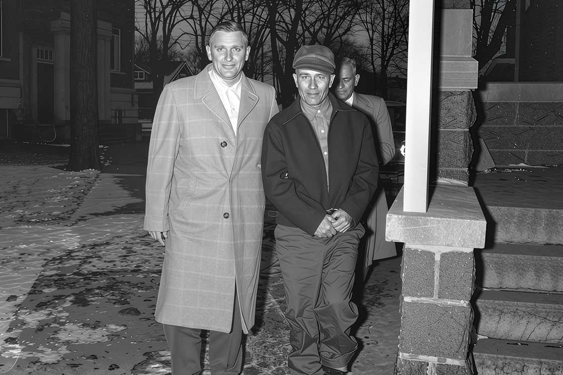 Ed Gein stands with his attorney William Belter Ed Gein stands with his attorney William Belter