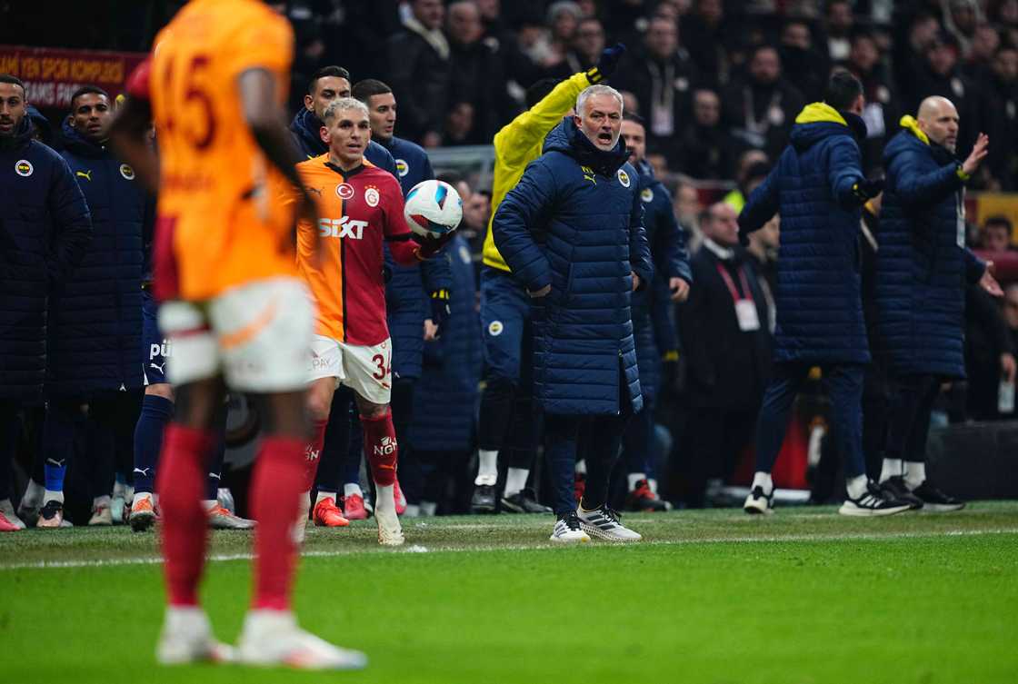 José Mourinho of Fenerbahce gestures during the Super Lig match between Galatasaray and Fenerbahce at Rams Park, Istanbul, Turkey on February 24, 2025 José Mourinho of Fenerbahce gestures during the Super Lig match between Galatasaray and Fenerbahce at Rams Park, Istanbul, Turkey on February 24, 2025