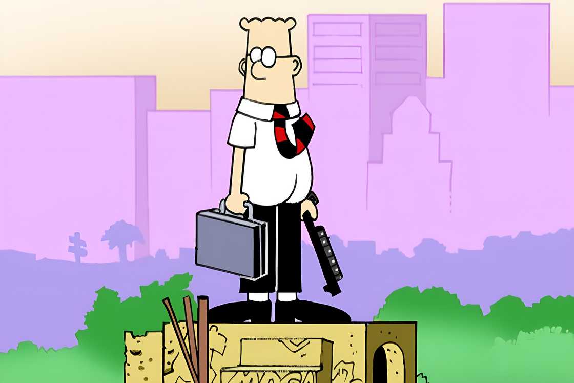 Dilbert stands on top of a building Dilbert stands on top of a building