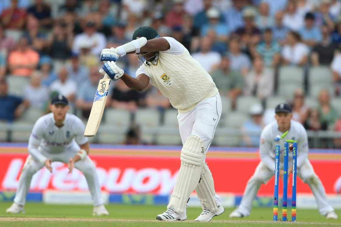 Lungi Ngidi is bowled by England's Ollie Robinson (out of picture) as England complete victory by an innings and 85 runs in the 2nd Test against South Africa Lungi Ngidi is bowled by England's Ollie Robinson (out of picture) as England complete victory by an innings and 85 runs in the 2nd Test against South Africa