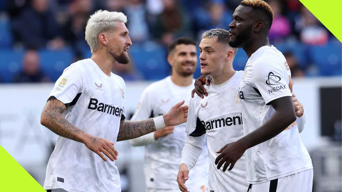 Victor Boniface celebrates with his teammates after scoring for Bayer Leverkusen. Victor Boniface celebrates with his teammates after scoring for Bayer Leverkusen.