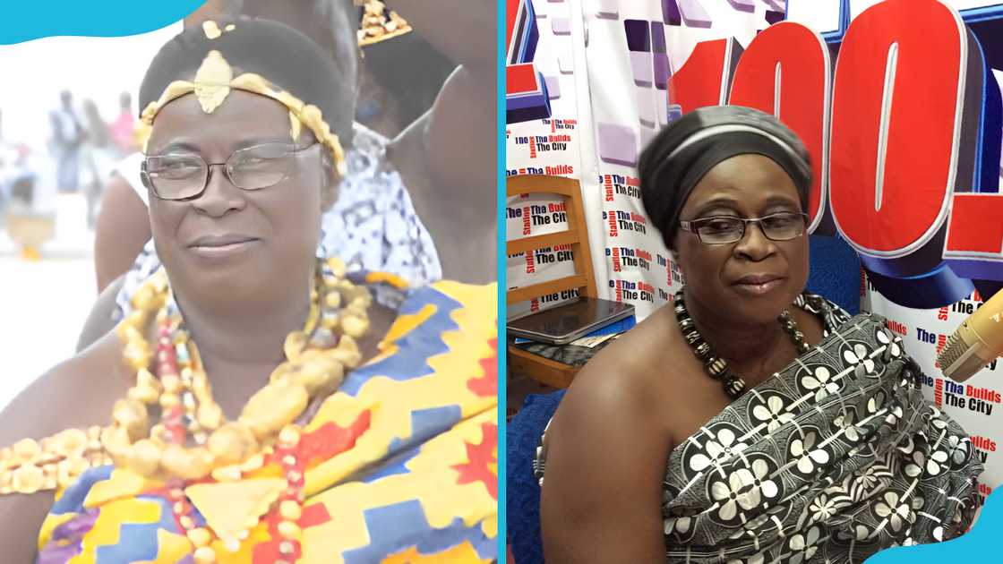 Nana Amba Eyiaba I is wearing African attire (L). She is sitting in an office (R) Nana Amba Eyiaba I is wearing African attire (L). She is sitting in an office (R)
