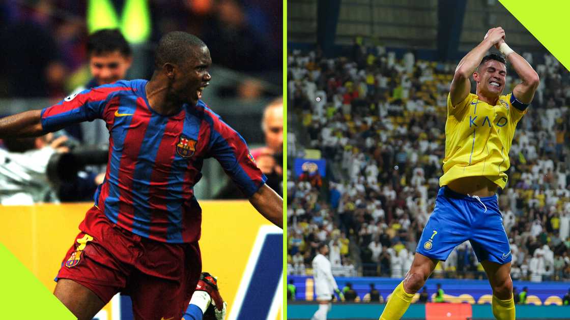 Former Barcelona striker Samuel Eto'o mimicked Cristiano Ronaldo's signature 'Siuu' celebration. Former Barcelona striker Samuel Eto'o mimicked Cristiano Ronaldo's signature 'Siuu' celebration.