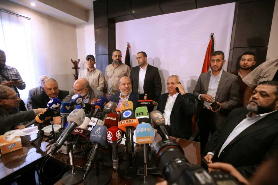 Representatives of Hamas and allied groups hold a press conference during a visit to the Syrian capital Damascus on October 19, 2022 for the first time since the Palestinian Islamist group severed ties with Syria a decade ago Representatives of Hamas and allied groups hold a press conference during a visit to the Syrian capital Damascus on October 19, 2022 for the first time since the Palestinian Islamist group severed ties with Syria a decade ago
