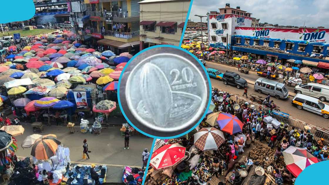 Ghanaian traders, Markets in Ghana, Ghana cedis, Pesewas, Smaller denominations.
