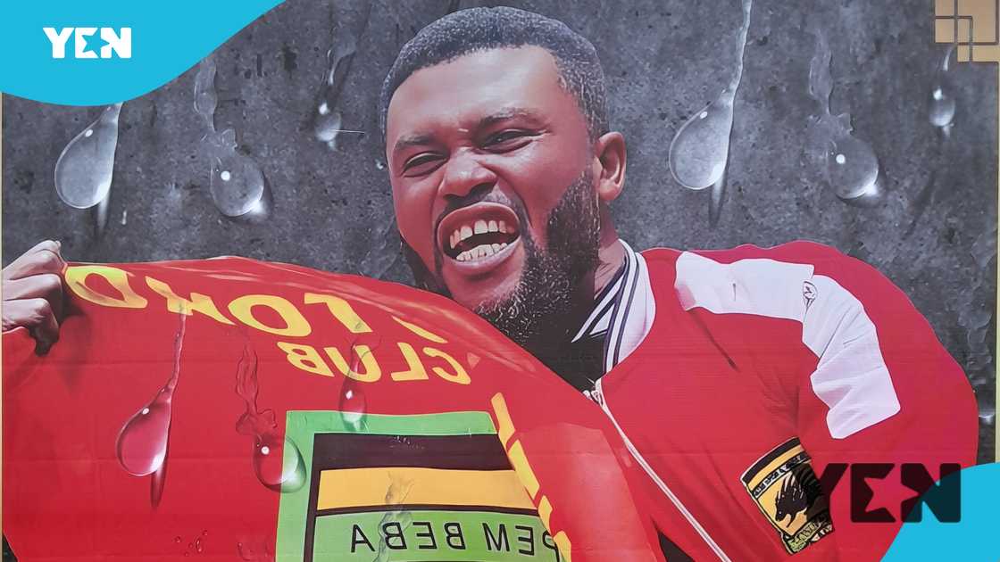 An image of Pooley mounted on a board during the one week observation ceremony to mark is death at Heroes Park at the Kumasi Babayara Sports Stadium on Sunday, February 16 An image of Pooley mounted on a board during the one week observation ceremony to mark is death at Heroes Park at the Kumasi Babayara Sports Stadium on Sunday, February 16