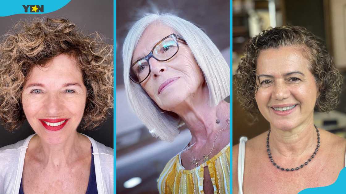 Short hairstyles for women over 60: Tight ringlets (L), straight bob (C), permed bob (R) Short hairstyles for women over 60: Tight ringlets (L), straight bob (C), permed bob (R)