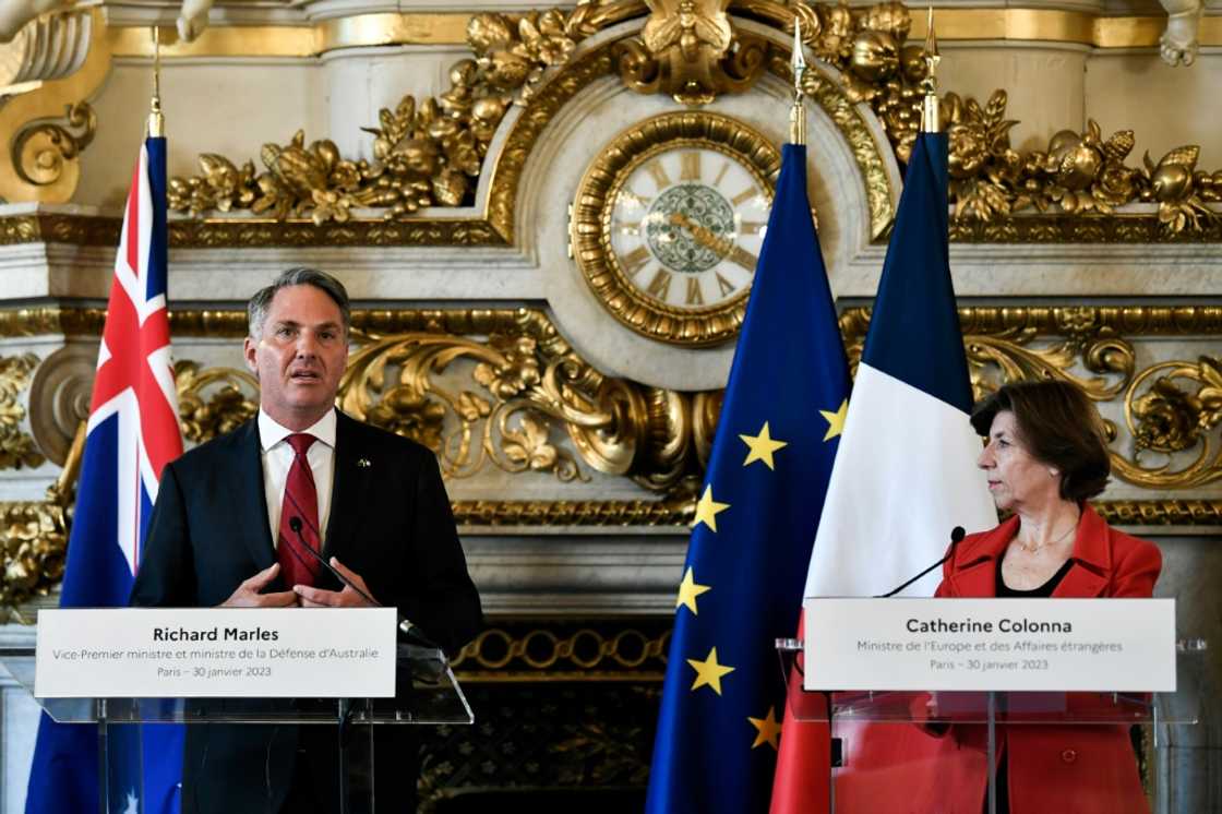 Australian Defence Minister Richard Marles speaks next to French Foreign Minister Catherine Colonna Australian Defence Minister Richard Marles speaks next to French Foreign Minister Catherine Colonna