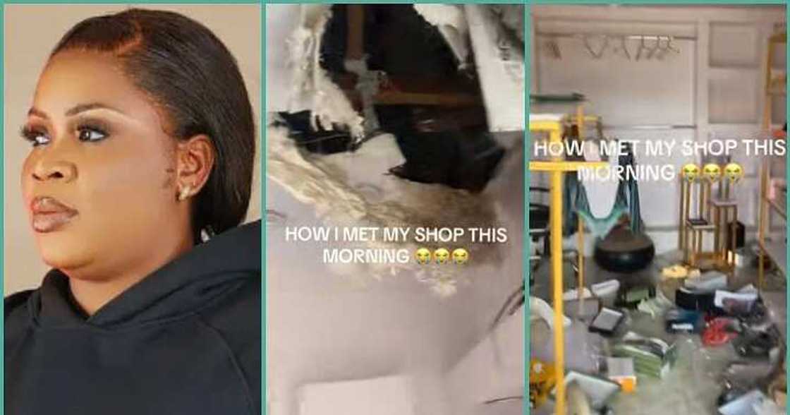 Lady cries out as thieves create big hole in her ceiling, burgle her shop Lady cries out as thieves create big hole in her ceiling, burgle her shop