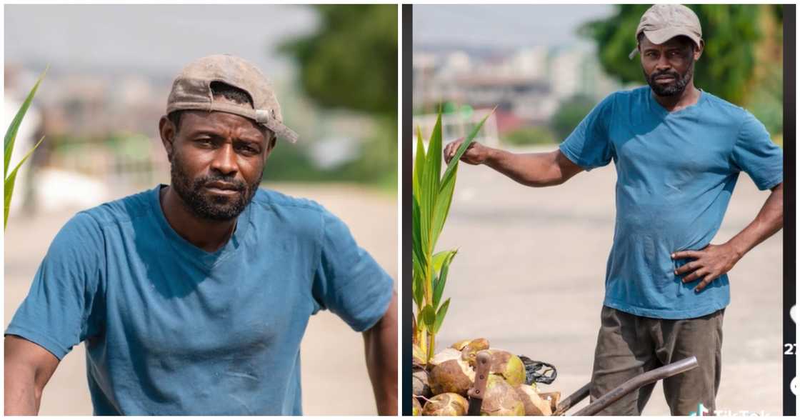 Coconut seller poses as photographer takes a shot