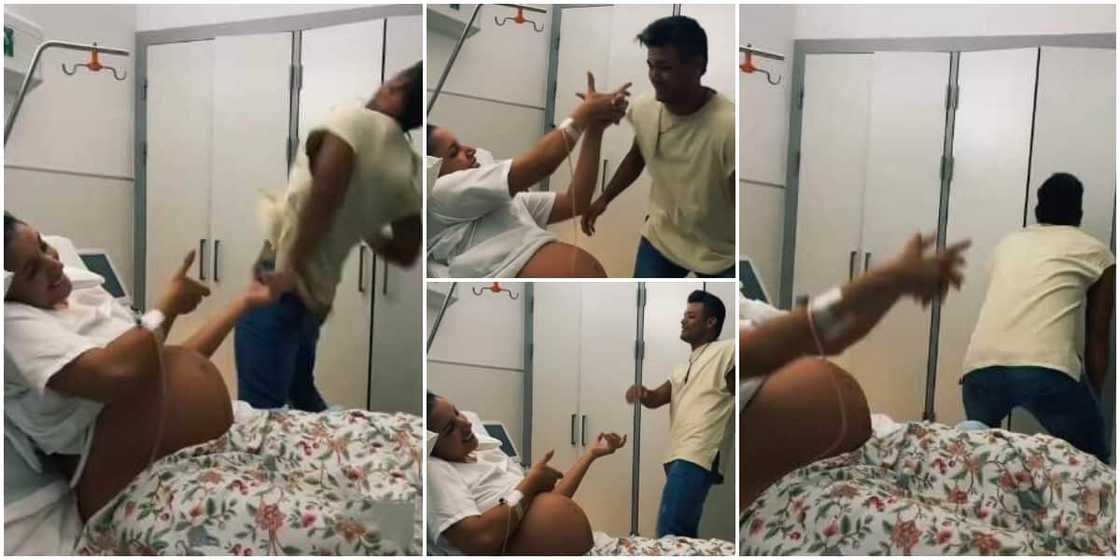 Video shows sweet moment man twerked hard for pregnant lady in hospital as she 'gun shoots' him with her hands Video shows sweet moment man twerked hard for pregnant lady in hospital as she 'gun shoots' him with her hands
