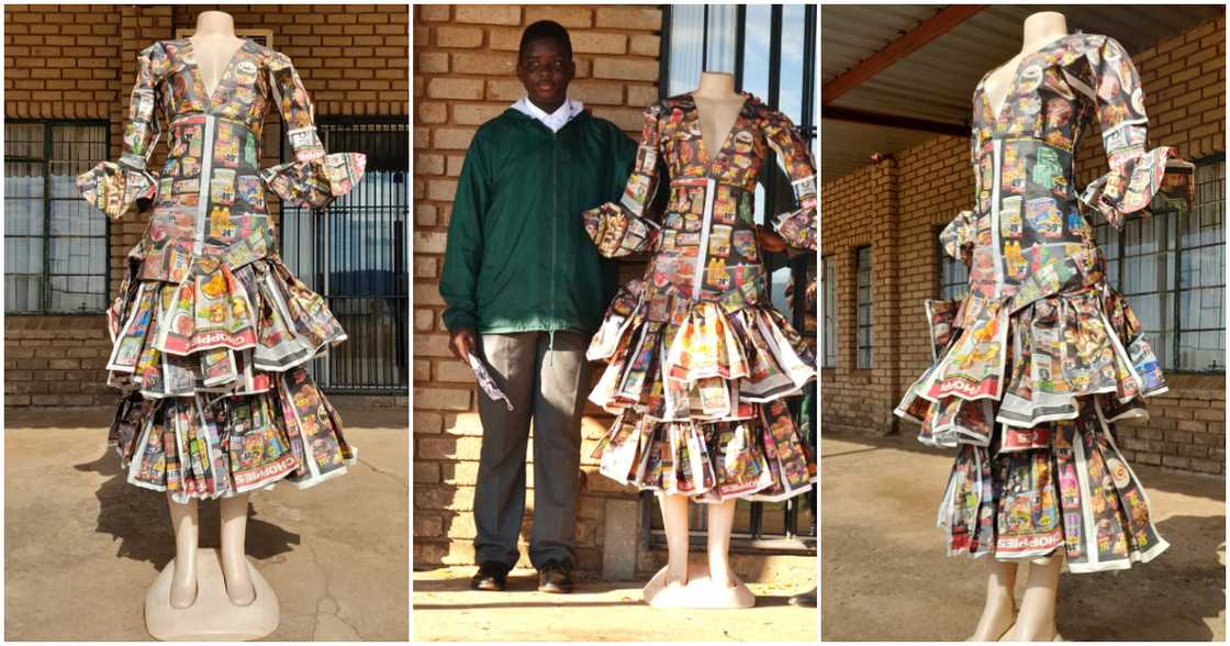 Boy turns paper in to dress.