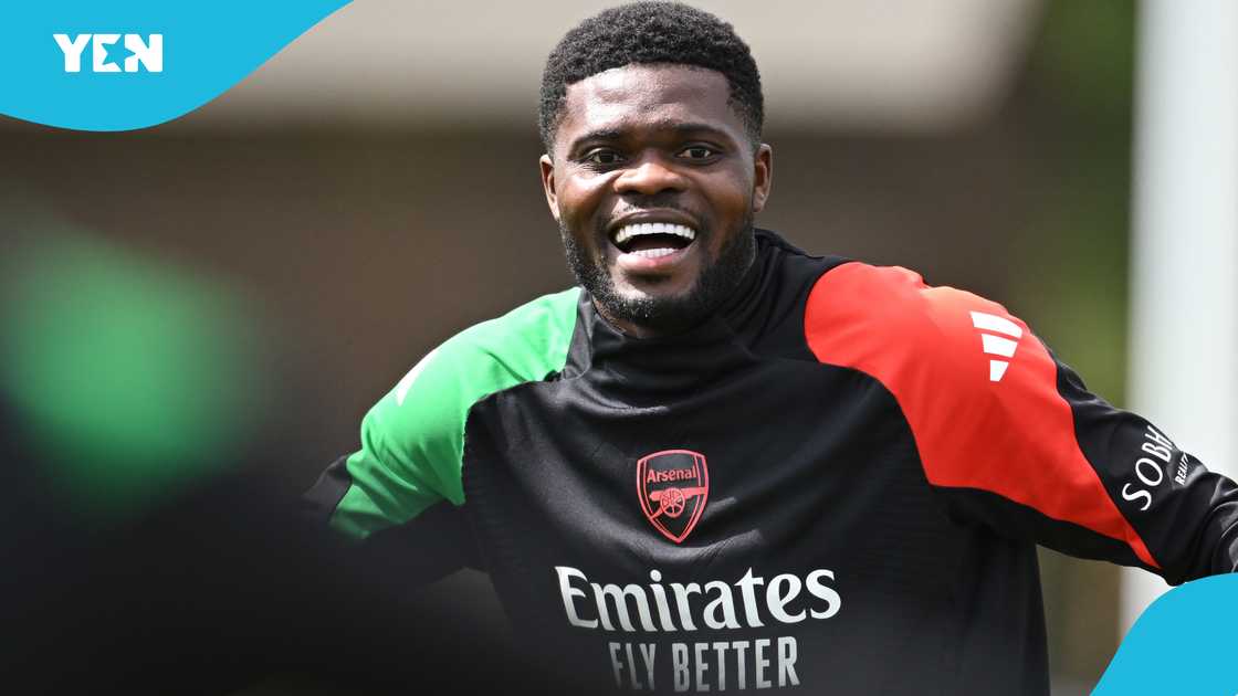 Thomas Partey of Arsenal during a training session and press conference ahead of their UEFA Champions League 2024/25 semi final first/second leg match at Sobha Realty Training Centre on May 06, 2025 Thomas Partey of Arsenal during a training session and press conference ahead of their UEFA Champions League 2024/25 semi final first/second leg match at Sobha Realty Training Centre on May 06, 2025