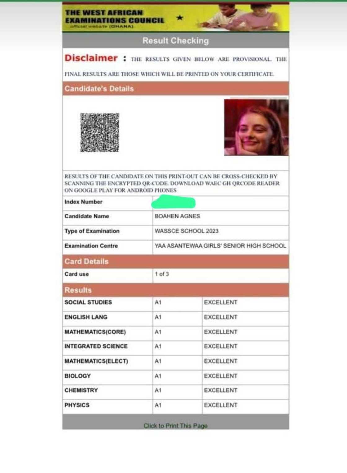 Photo of Agnes Boahen's WASSCE results. Photo of Agnes Boahen's WASSCE results.