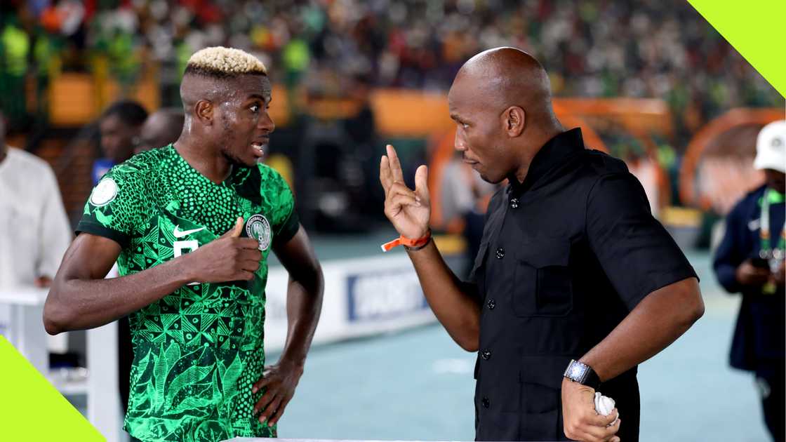 Didier Drogba and Victor Osimhen chatting during AFCON 2023. Didier Drogba and Victor Osimhen chatting during AFCON 2023.