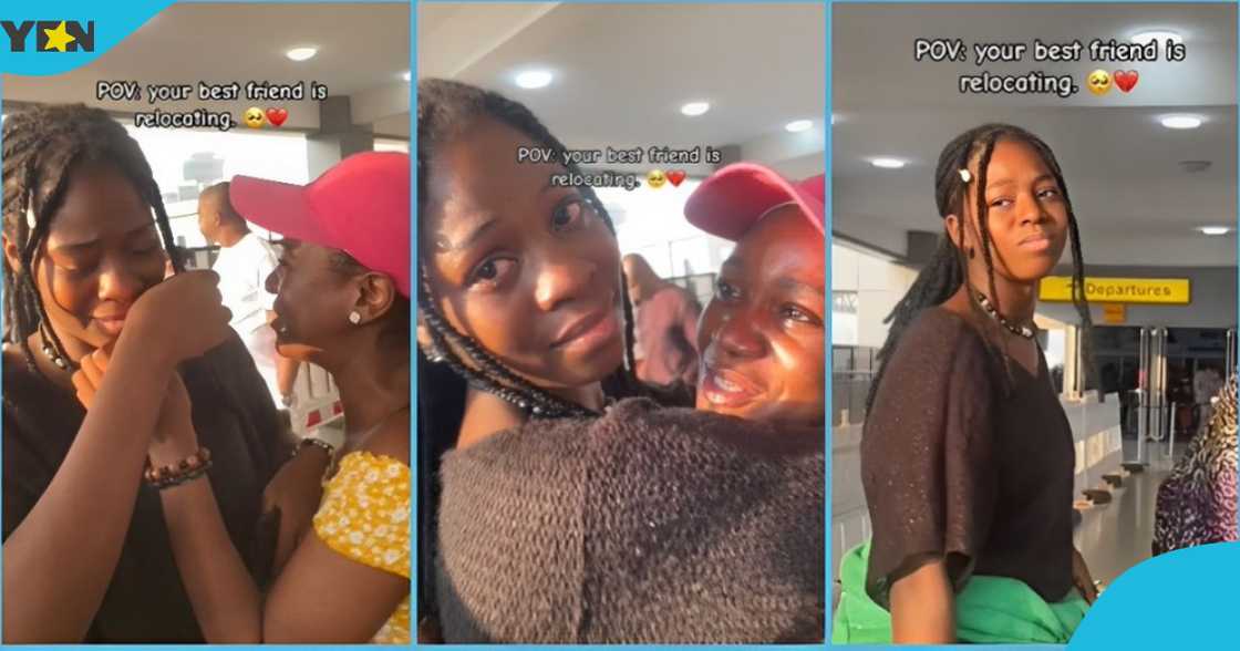 Photo of a young lady and her best friend shedding tears at the airport Photo of a young lady and her best friend shedding tears at the airport