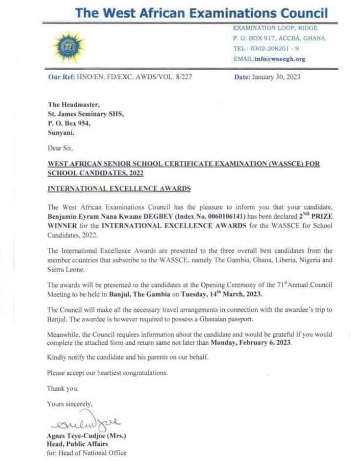 Letter from WAEC to the headmaster of St. James Seminary SHS. Letter from WAEC to the headmaster of St. James Seminary SHS.
