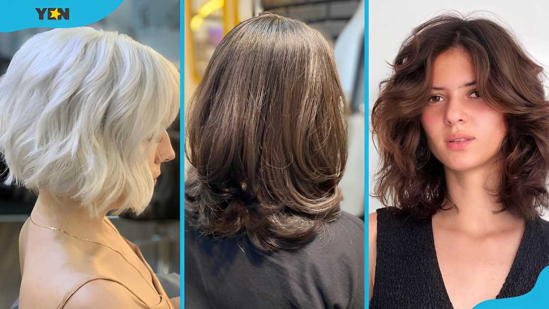 Wispy butterfly haircut (L), sleek butterfly haircut (M), and butterfly haircut with curtain bangs (R) Wispy butterfly haircut (L), sleek butterfly haircut (M), and butterfly haircut with curtain bangs (R)