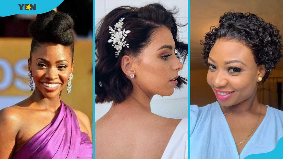 Pompadour (L), wavy lob (M), and short curls (R) Pompadour (L), wavy lob (M), and short curls (R)