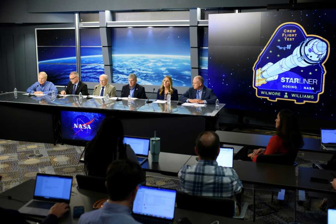 NASA administrators speak during a news conference to discuss plans to return two astronauts who remain stranded at the International Space Station, at Johnson Space Center in Houston, Texas