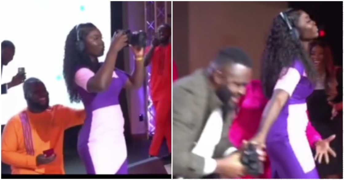 Photo of a church proposal to a lady who was recording a sermon Photo of a church proposal to a lady who was recording a sermon
