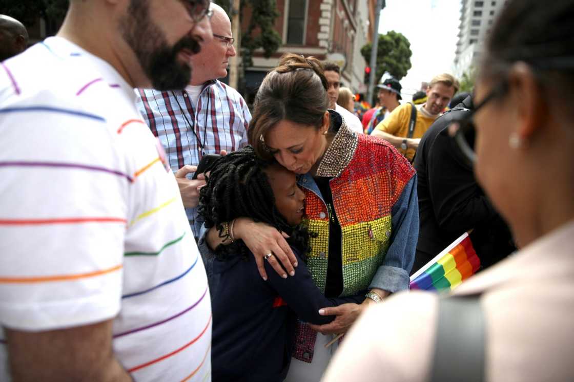 Kamala Harris, pictured at the San Francisco Pride Parade in 2019, was slammed for previous "woke" policies