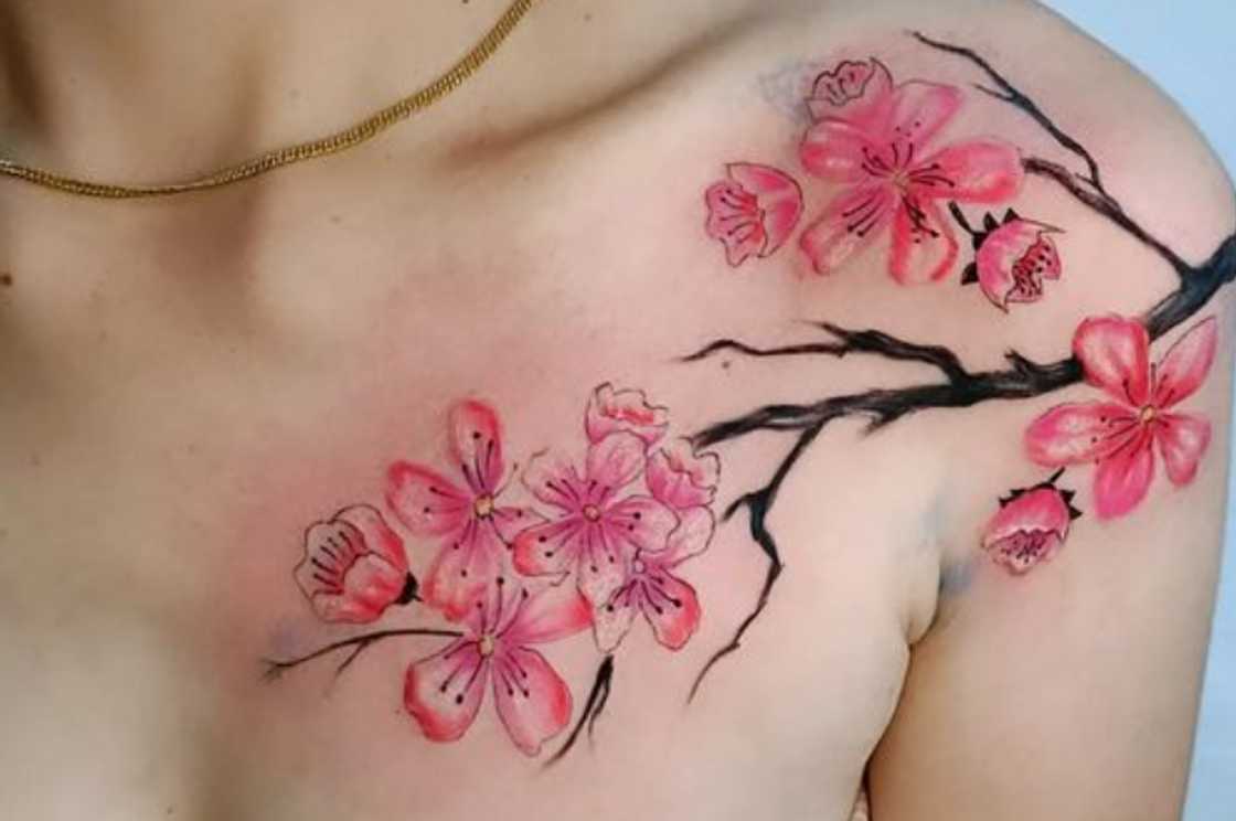 Shoulder to collarbone fine line cherry blossom tattoo