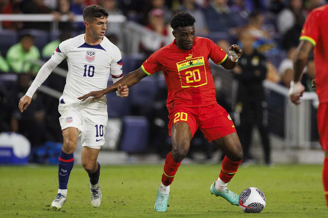 Christian Pulisic of United States challenges Mohammed Kudus #20 of Ghana during the first half of an international friendly match at GEODIS Park on October 17, 2023 in Nashville, Tennessee Christian Pulisic of United States challenges Mohammed Kudus #20 of Ghana during the first half of an international friendly match at GEODIS Park on October 17, 2023 in Nashville, Tennessee