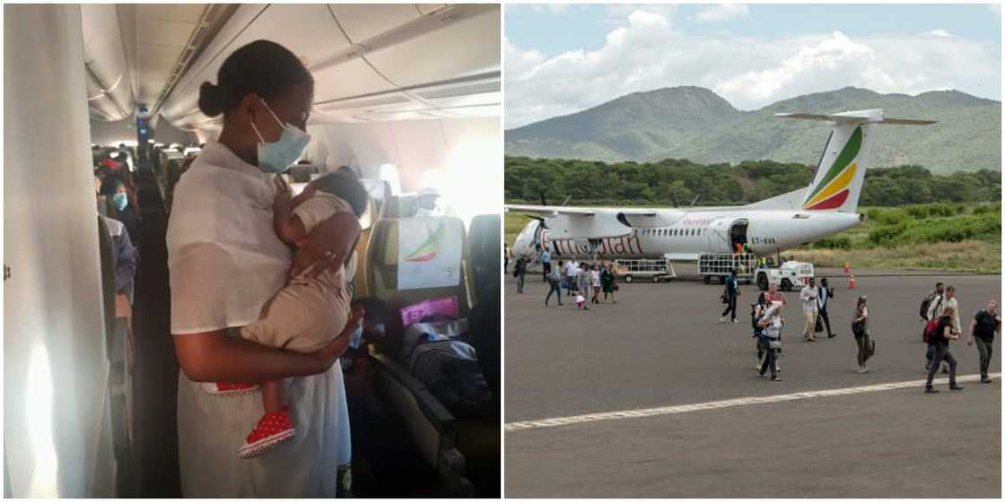 Social media reacts after air hostess who left her 10 months old kid at home is spotted carrying another lady's baby on a plane