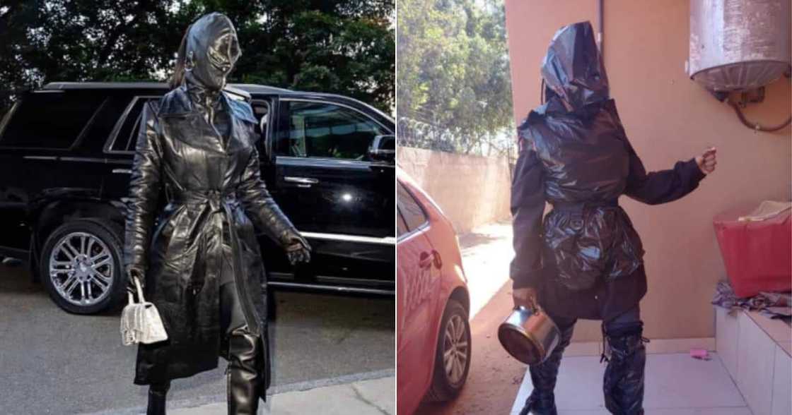 Kim Kardashian, Black leather, Woman, recreates, outfit, rubbish bags, Twitter reactions, hilarious